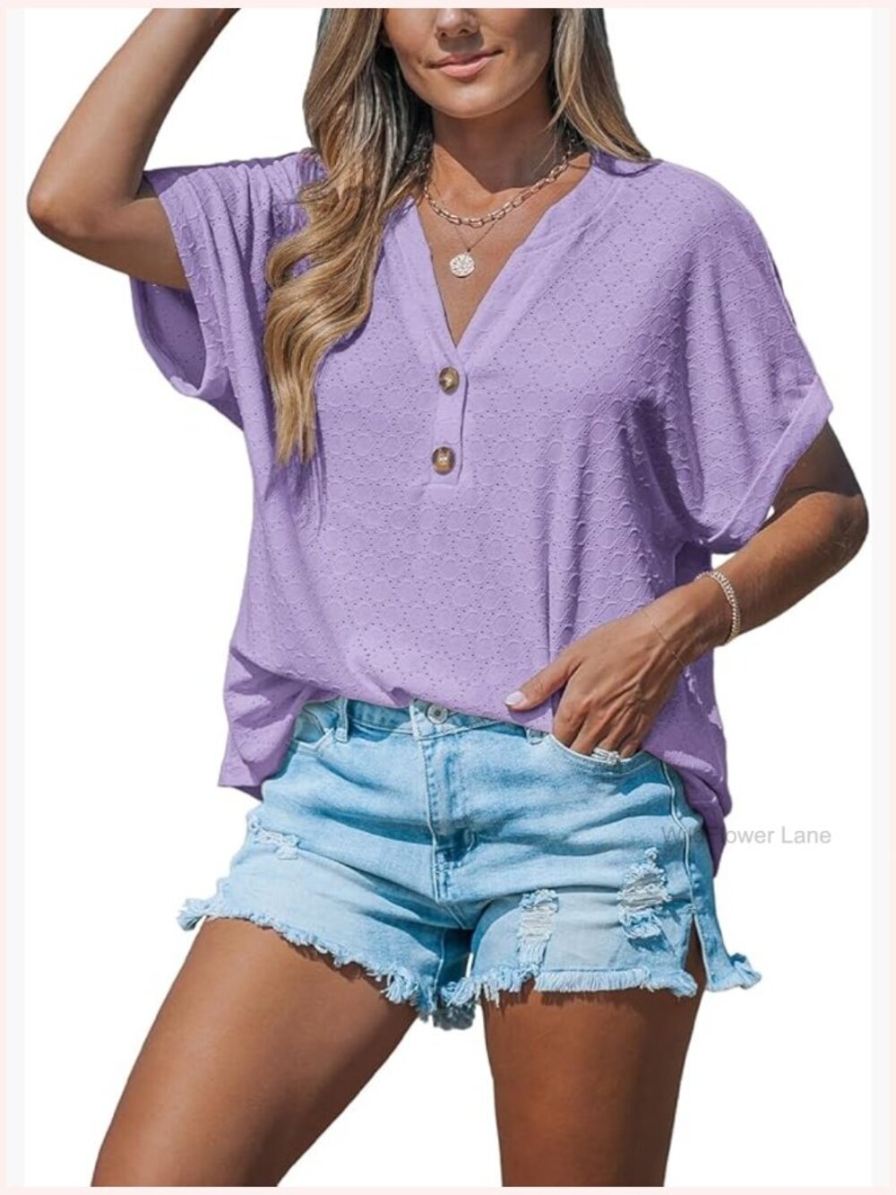 Green Short Cap Sleeve V Neck Button Down Tee Shirt Flowy Tunics